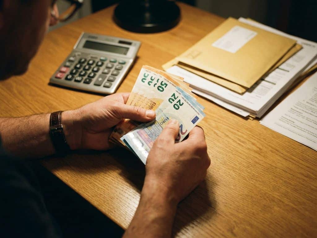 Professionele handen tellen eurobiljetten op houten bureau met rekenmachine en loonstrookjes in kantoor