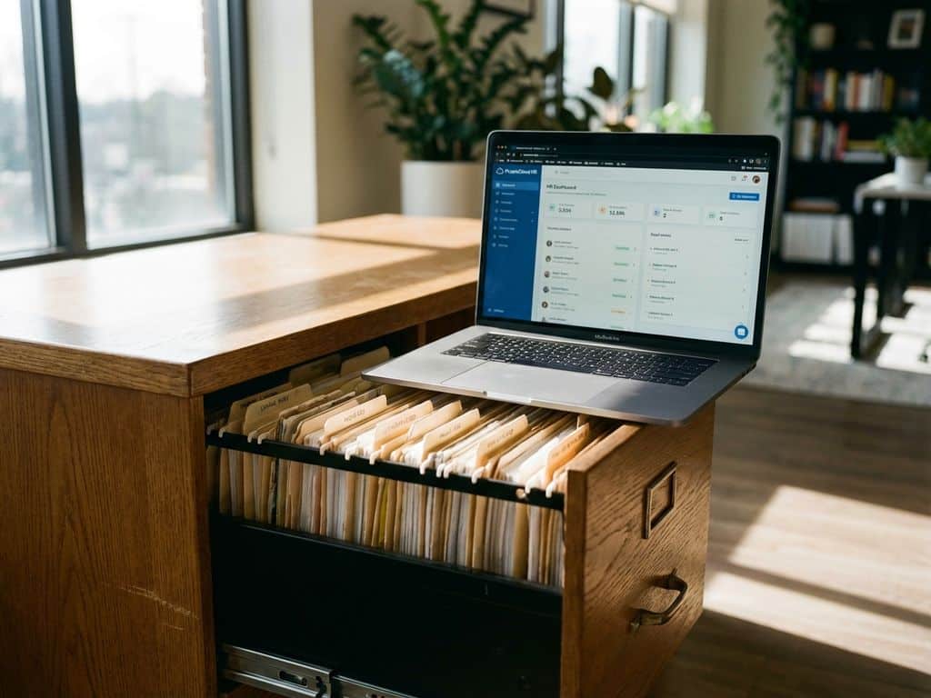 Laptop toont HR-dashboard op geopende archiefkast met personeelsmappen, moderne kantooromgeving met natuurlijk licht