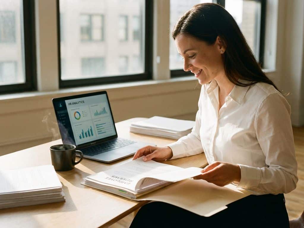 Professionele zakenvrouw bekijkt personeelsdossiers aan modern bureau met laptop en HR-dashboard in kantoor