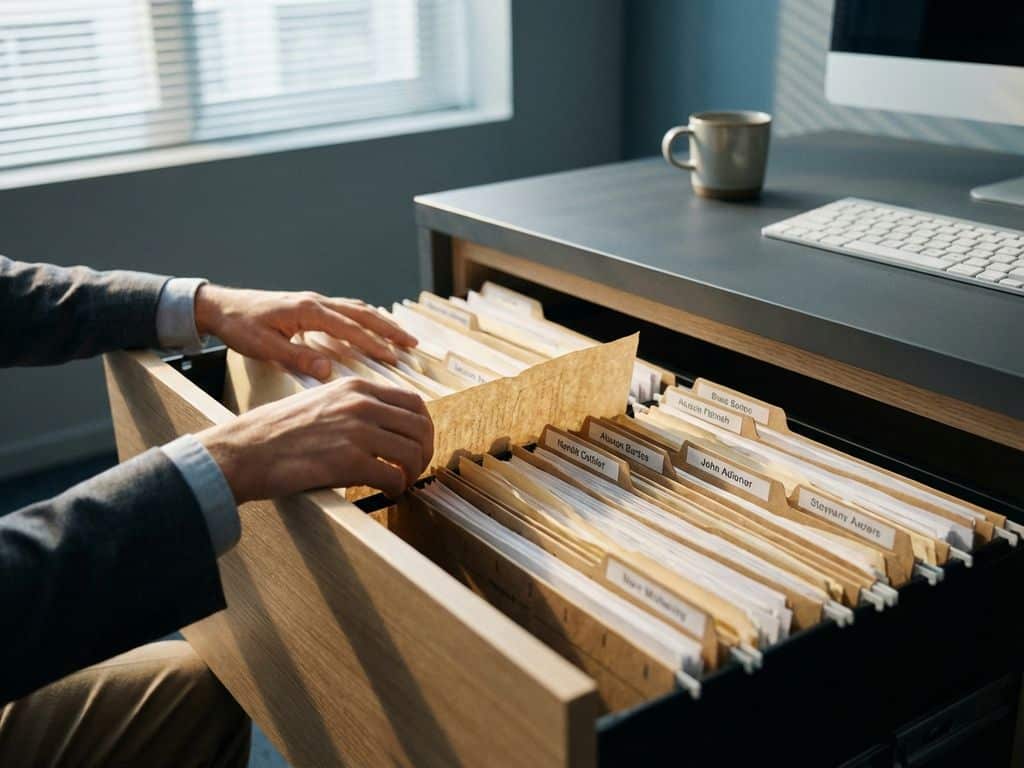 HR-manager organiseert personeelsdossiers in moderne archiefkast op kantoor met natuurlijk licht