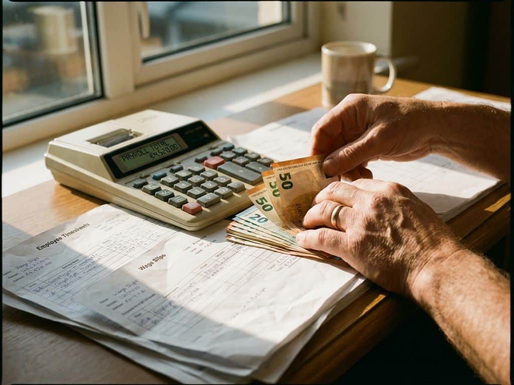 Kleine ondernemer telt eurobankbiljetten op houten bureau met rekenmachine en loonstroken voor salarisadministratie