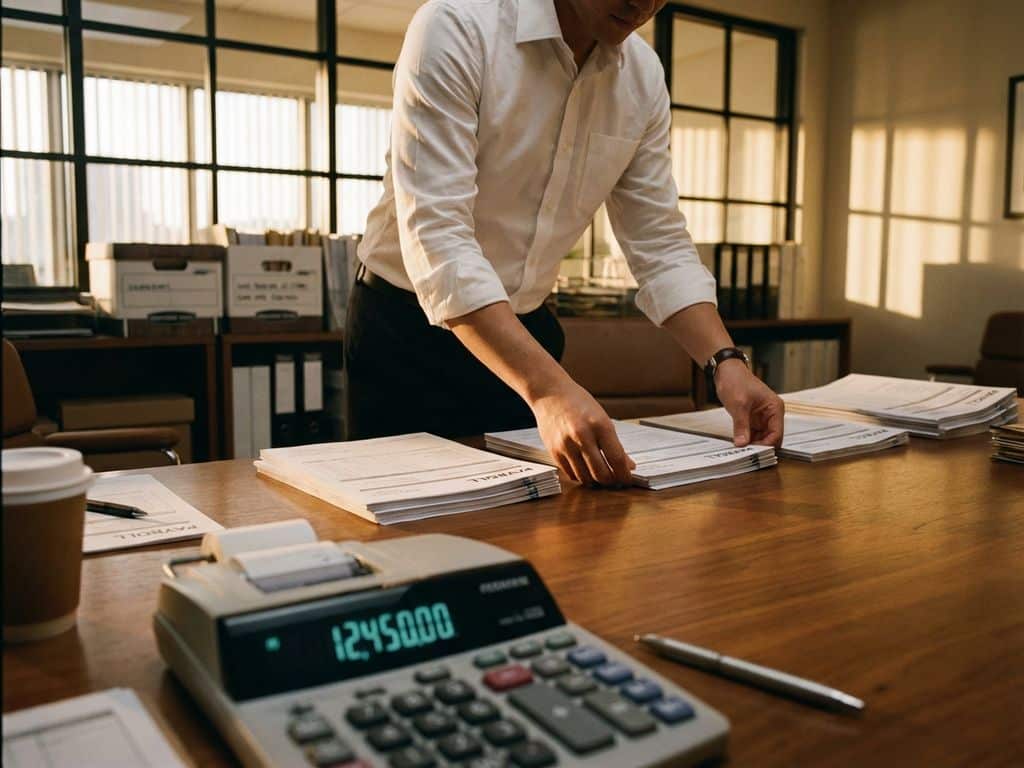 Ondernemer organiseert salarisadministratie met rekenmachine op bureau in modern kantoor met natuurlijk licht