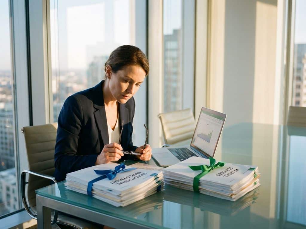 Professionele zakenvrouw in marineblauw jasje bekijkt arbeidscontracten en payroll documenten aan glazen bureau