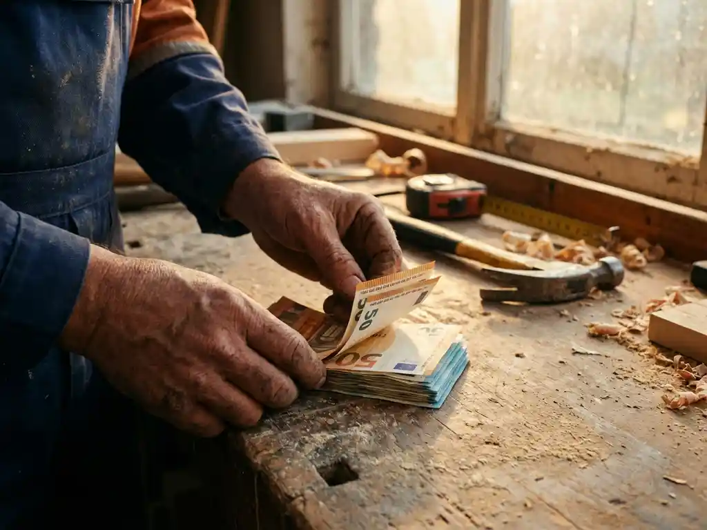 Bouwvakker telt eurobiljetten op houten werkbank omringd door gereedschap zoals hamer en meetlint