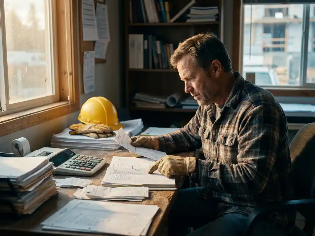 Kleine aannemer bekijkt financiële documenten aan houten bureau met rekenmachine, bouwhelm en werkhandschoenen ernaast