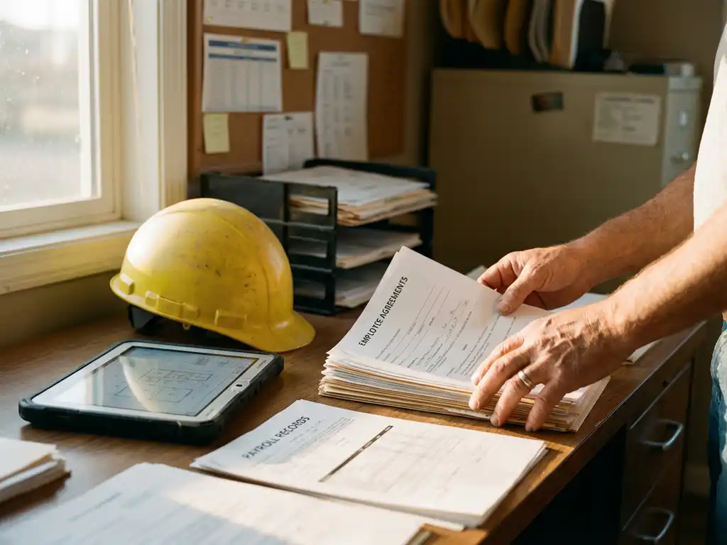 Bouwhelm en tablet op houten bureau met contracten en loonadministratie, warme middagzon door kantoorvenster