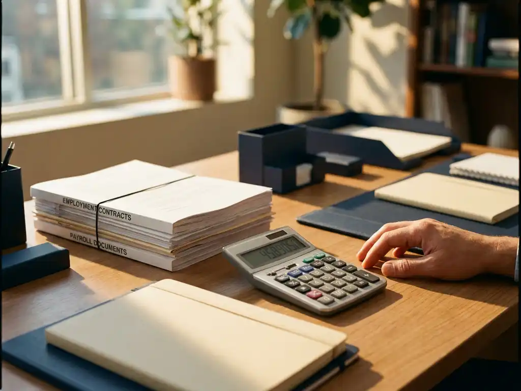 Stapel arbeidscontracten en salarisadministratie documenten naast rekenmachine op modern bureau in professionele werkruimte