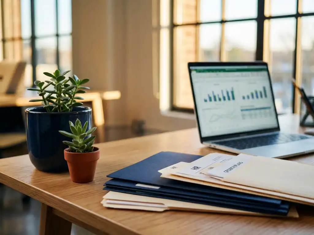 Moderne kantoorbureau met kleine plant die groeit van pot naar plantenbak, omringd door HR-documenten en laptop