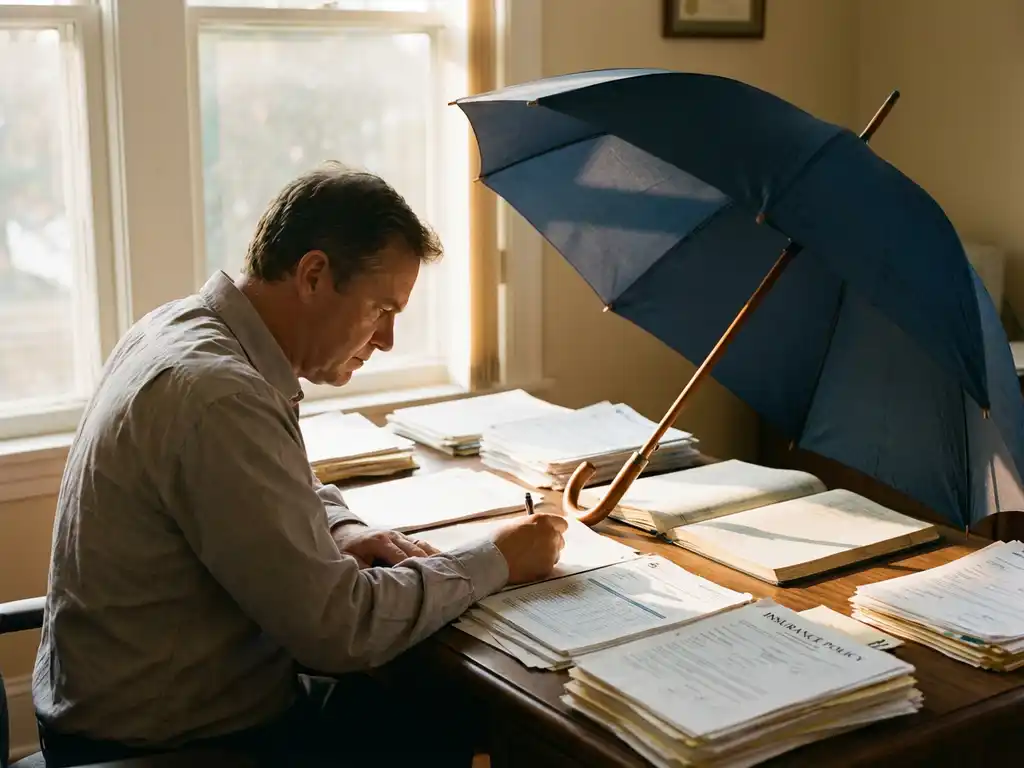 Bezorgde ondernemer bekijkt financiële documenten aan houten bureau met beschermende paraplu die schaduw werpt over papieren