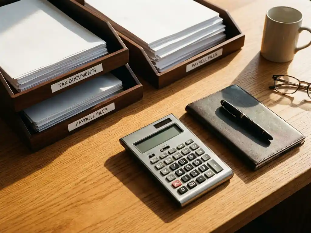 Bovenaanzicht van een accountantsbureau met belastingdocumenten in houten bakjes, rekenmachine en vulpen op eiken bureau