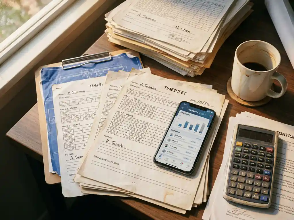Bouwplaats kantoorbureau met urenstaten, contracten, smartphone met salarisadministratie-app en rekenmachine