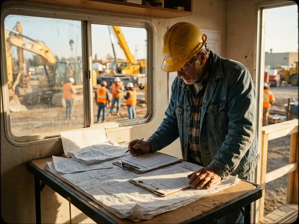 Bouwvoorman in helm bestudeert documenten in mobiel kantoor terwijl arbeiders in veiligheidsvesten op achtergrond werken
