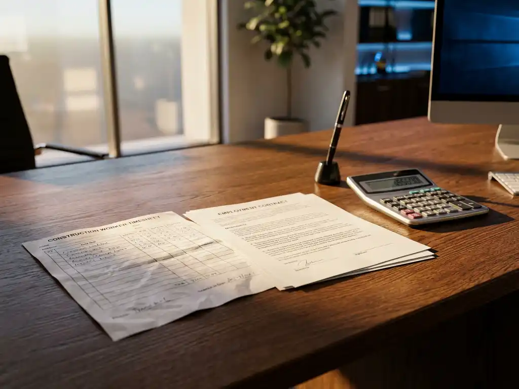Bouwvakker urenstaat en arbeidscontract op eiken bureau met rekenmachine en pen in modern HR-kantoor