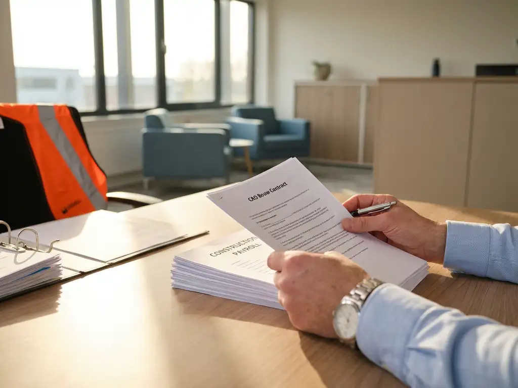 HR-consultant bekijkt CAO Bouw contracten en loonstrookjes op kantoorbureau met natuurlijk licht door raam