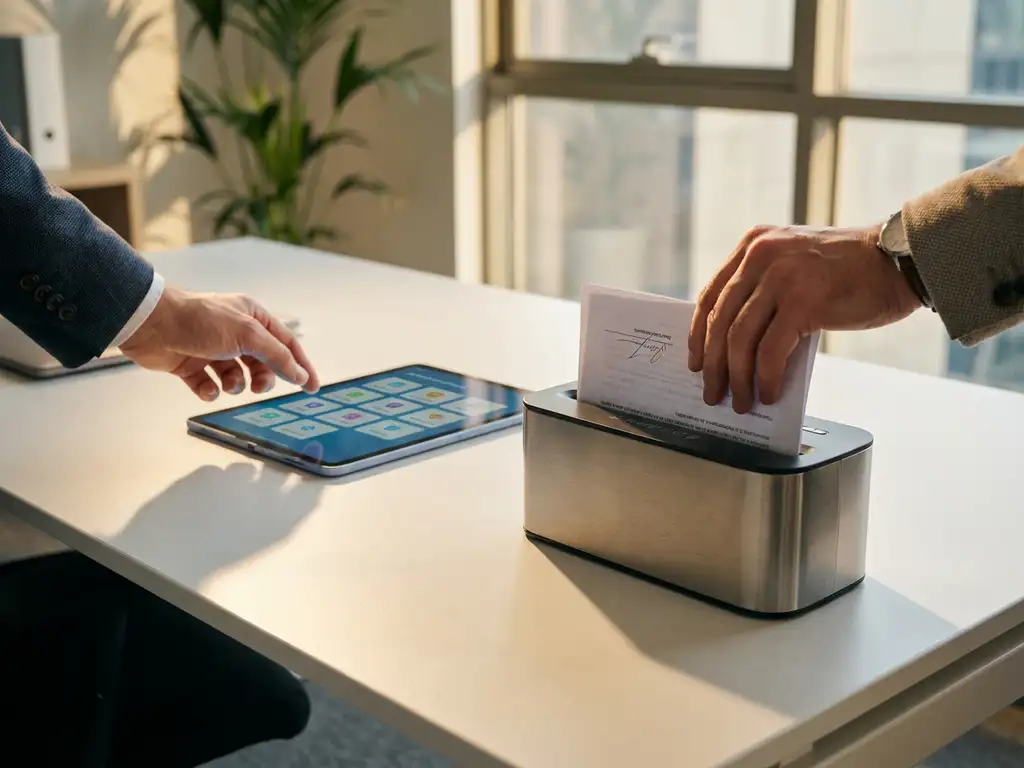 Zakenpersoon plaatst ondertekend contract in papiervernietiger terwijl hij digitale tablet met dashboard vasthoudt op wit bureau