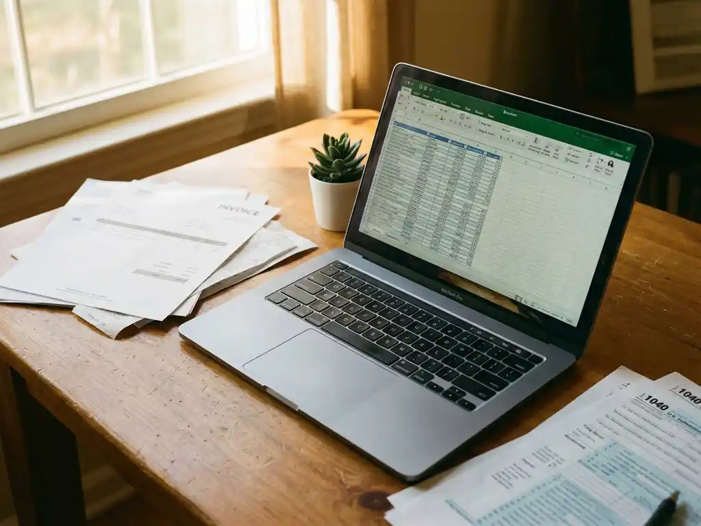 Georganiseerd bureau van freelancer met facturen, belastingdocumenten, laptop met spreadsheet en vetplant in warm natuurlijk licht