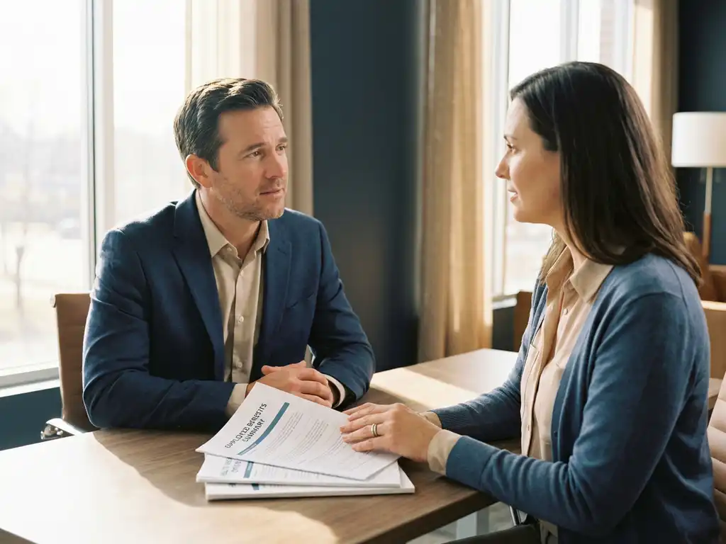 Bezorgde ondernemer in gesprek met professionele HR-adviseur aan modern bureau, consultant beschermt werknemersdocumenten en zorgverzekeringspapieren