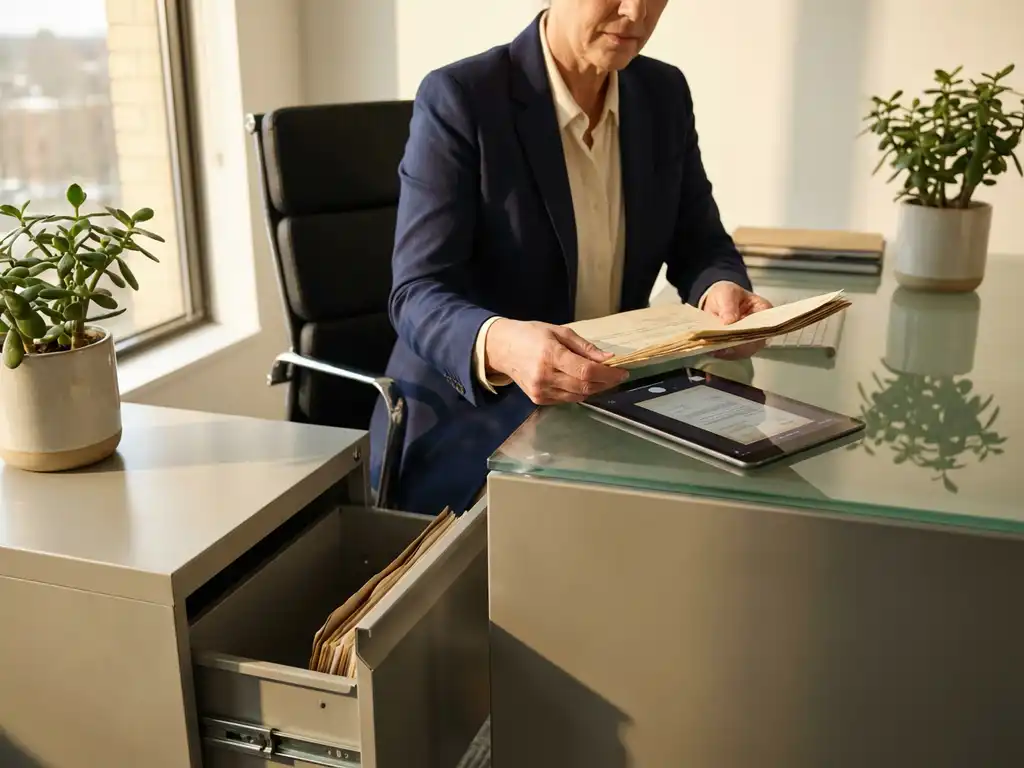 HR-consultant in marineblauw jasje digitaliseert personeelsdossiers, documenten overbrengend van archiefkast naar tablet op glazen bureau