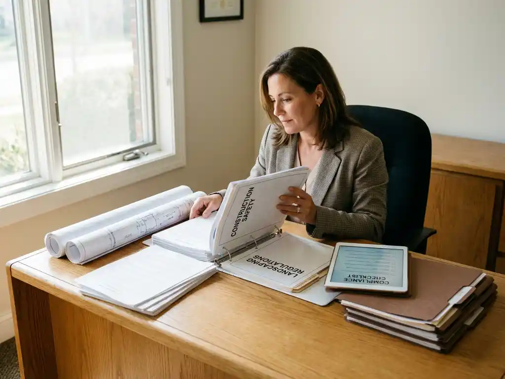 HR-consultant bestudeert bouwveiligheidshandleidingen en technische blauwdrukken op eiken bureau met tablet en georganiseerde mappen