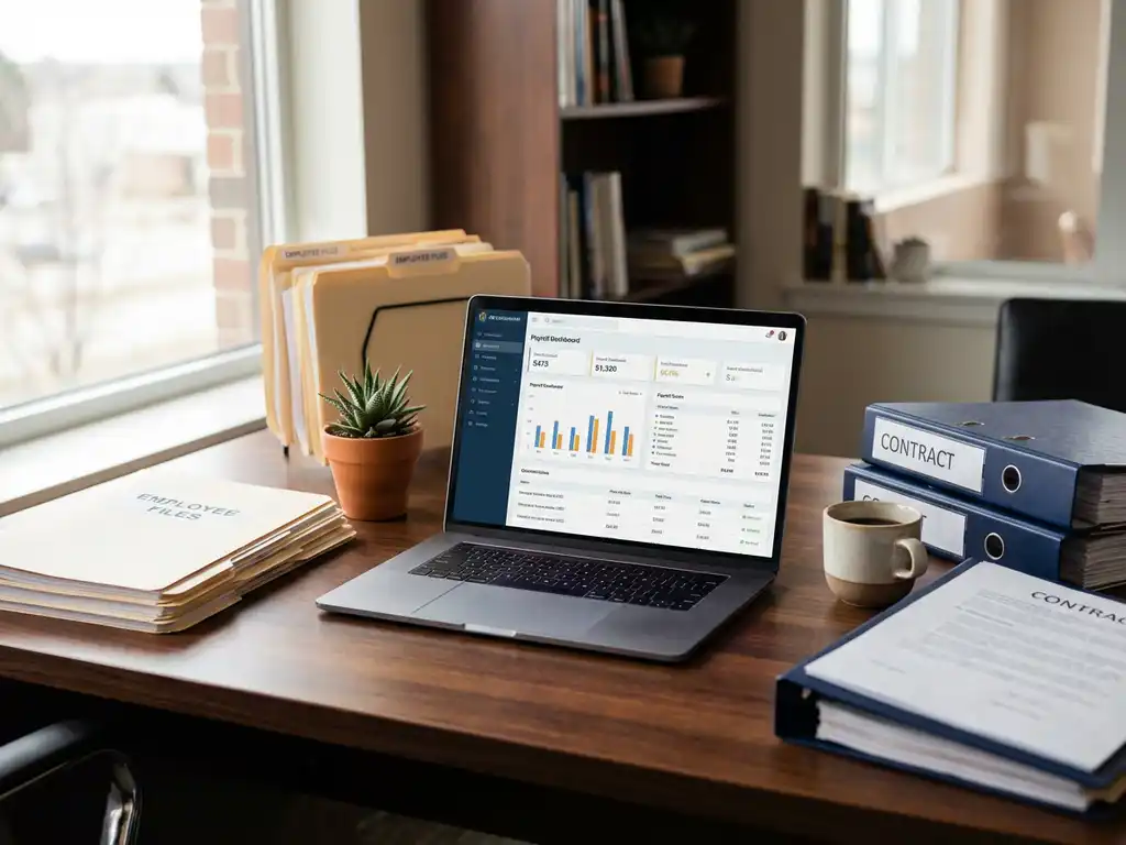 HR-consultant bureau met georganiseerde personeelsdossiers, laptop met salarissoftware, vetplant en koffiekopje op donker houten tafel