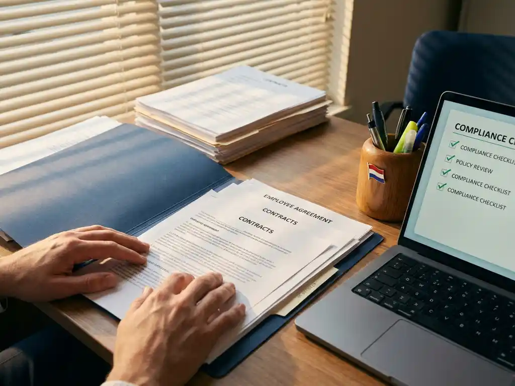 HR-consultant bureau met openstaande arbeidscontracten, laptop met compliance-checklists, Nederlandse vlag en georganiseerde papierwerk in warm natuurlijk licht