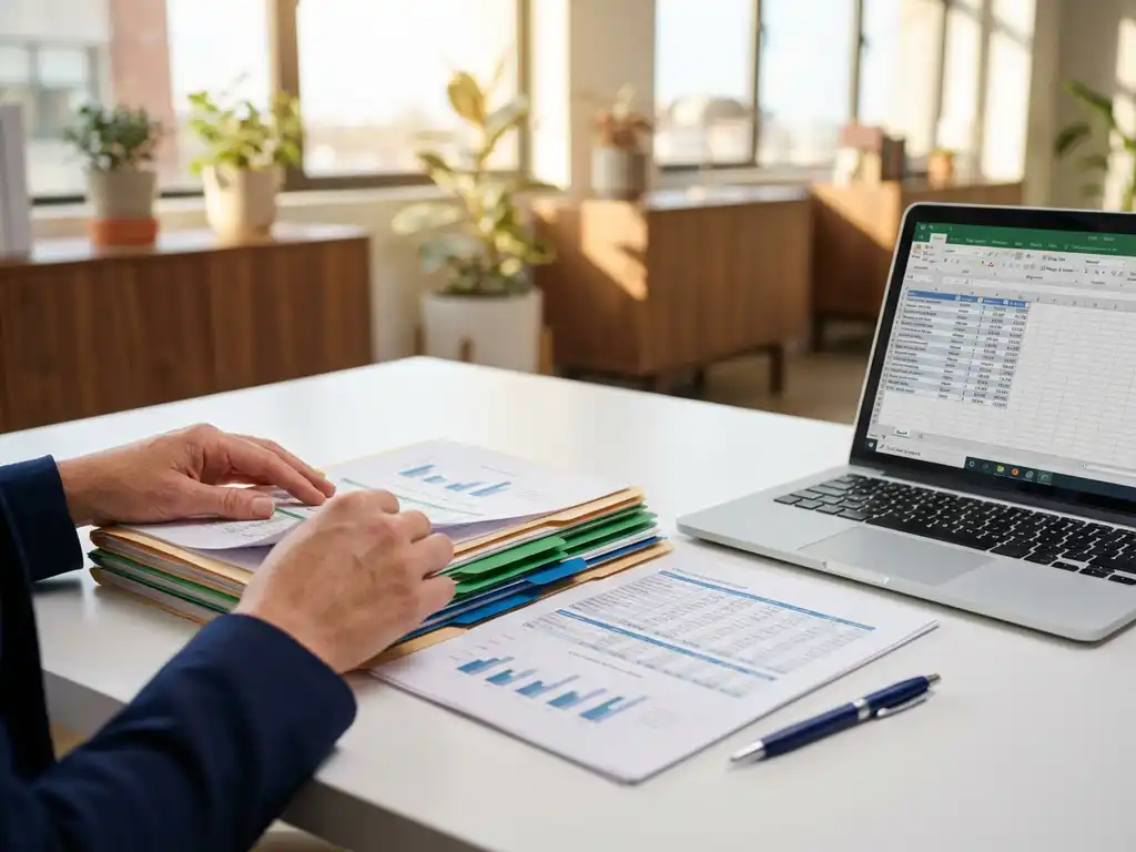 HR-consultant organiseert kleurrijke personeelsdossiers en salarisadministratie op wit bureau naast laptop met spreadsheetgegevens