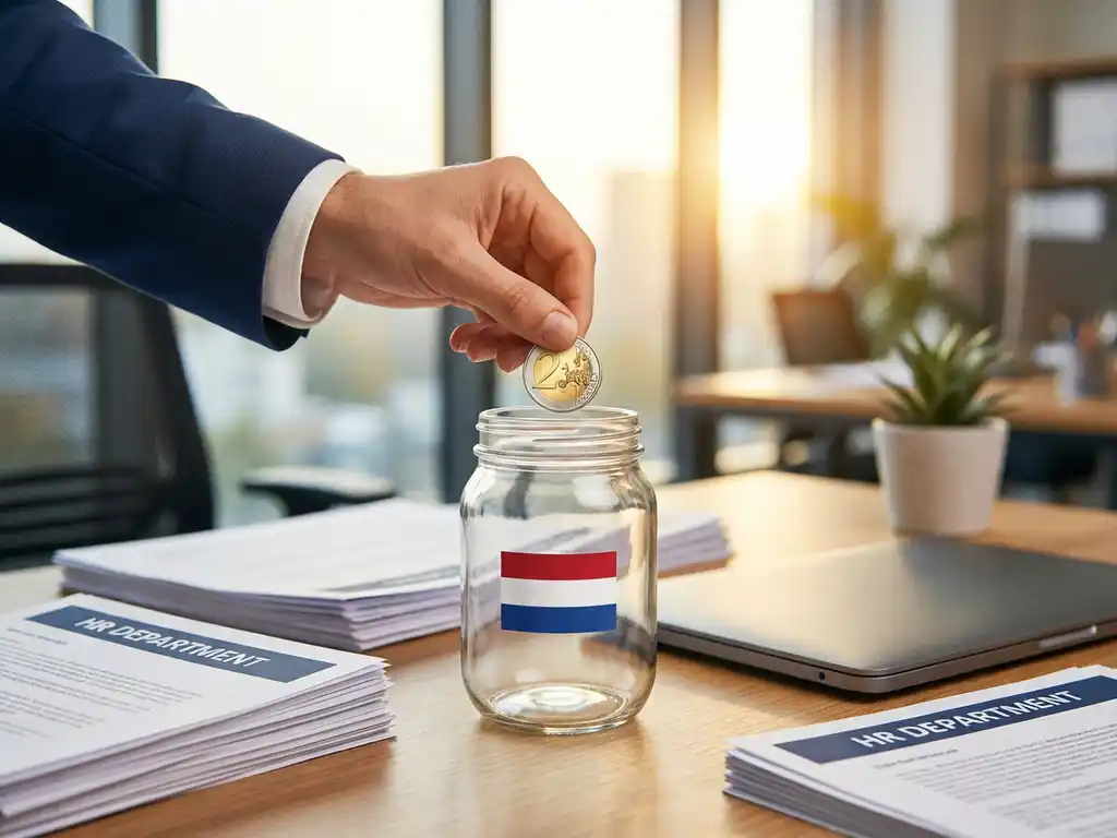 Hand plaatst gouden euromunt in glazen pot met Nederlandse vlag op kantoorbureau naast HR-documenten en laptop