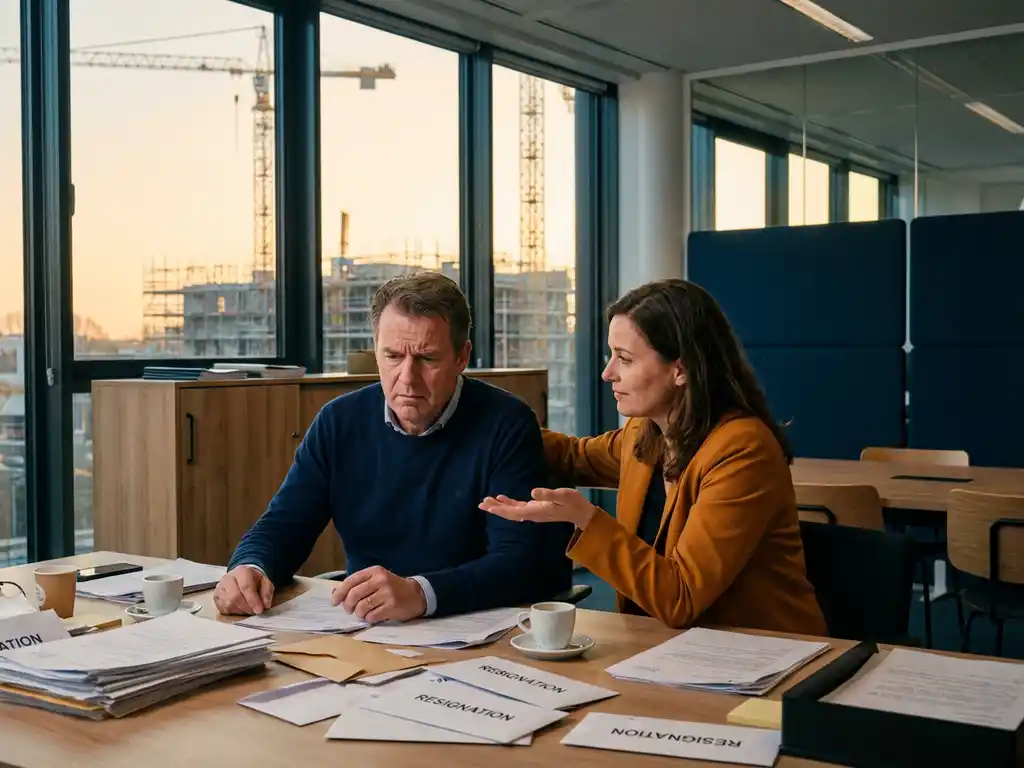 Bezorgde ondernemer bekijkt ontslagbrieven aan rommelig bureau terwijl HR-adviseur geruststellend gebaart in modern Nederlands kantoor