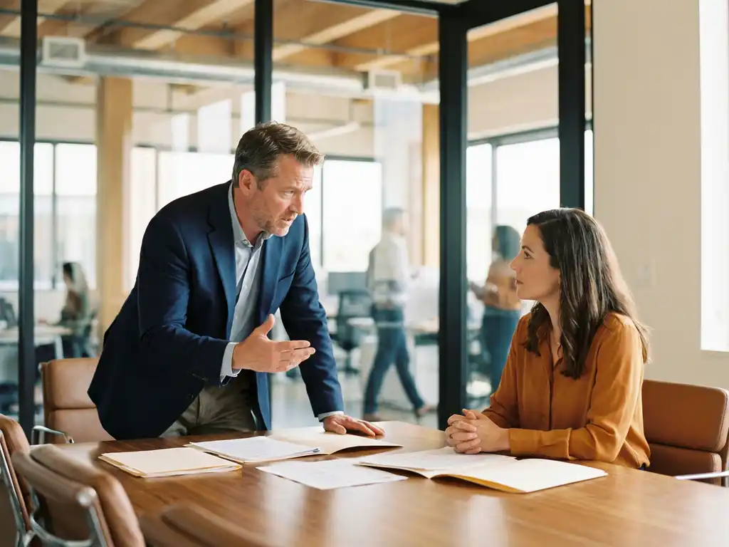 Bezorgde ondernemer in gesprek met HR-adviseur aan conferentietafel met personeelsdossiers en contracten