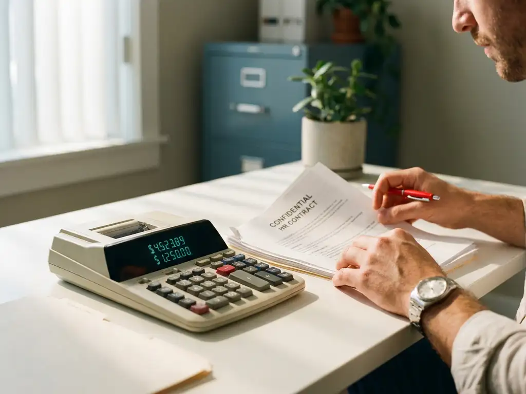 Rekenmachine met uitgavencijfers naast stapel HR-contractdocumenten op wit bureau, zakelijke handen controleren papierwerk met rode pen