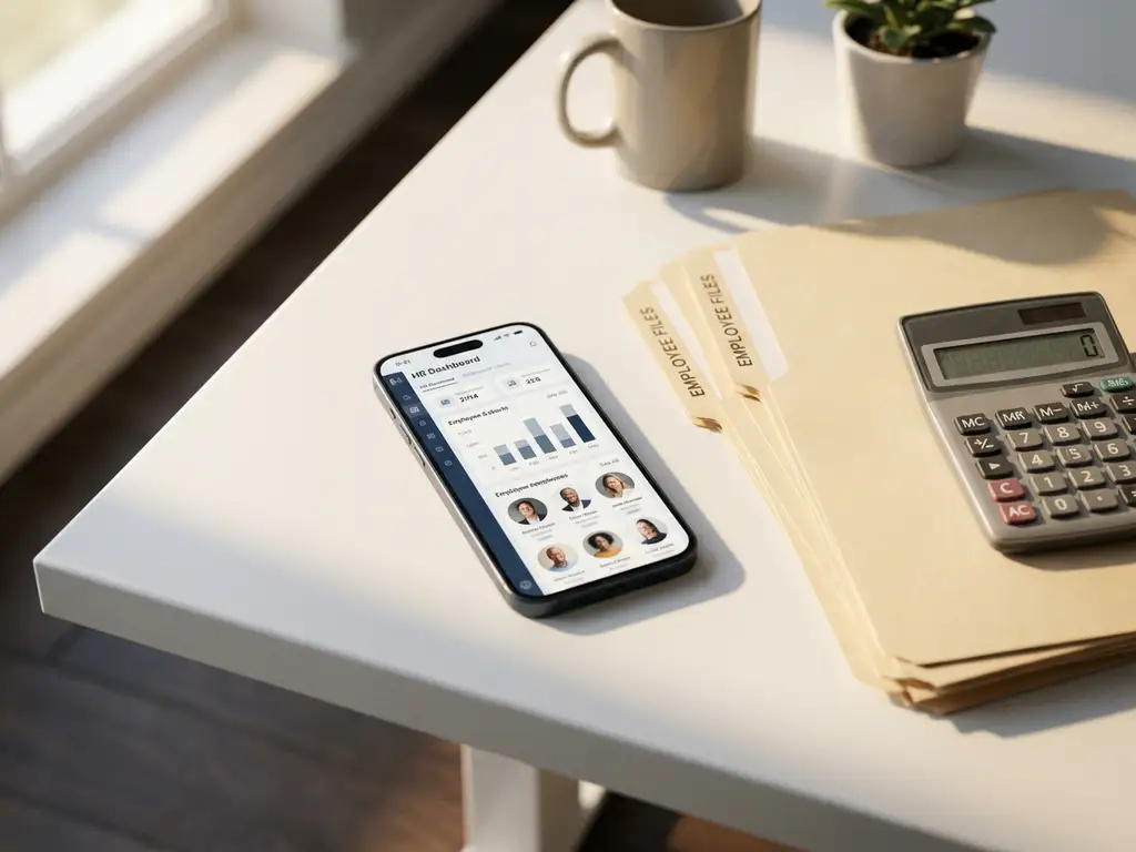 Smartphone met HR-dashboard op wit bureau naast papieren personeelsdossiers en rekenmachine in modern kantoor