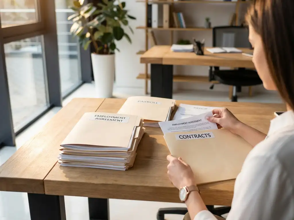 Professionele vrouw organiseert arbeidscontracten en loonstrookjes in gelabelde mappen op modern kantoorbureau