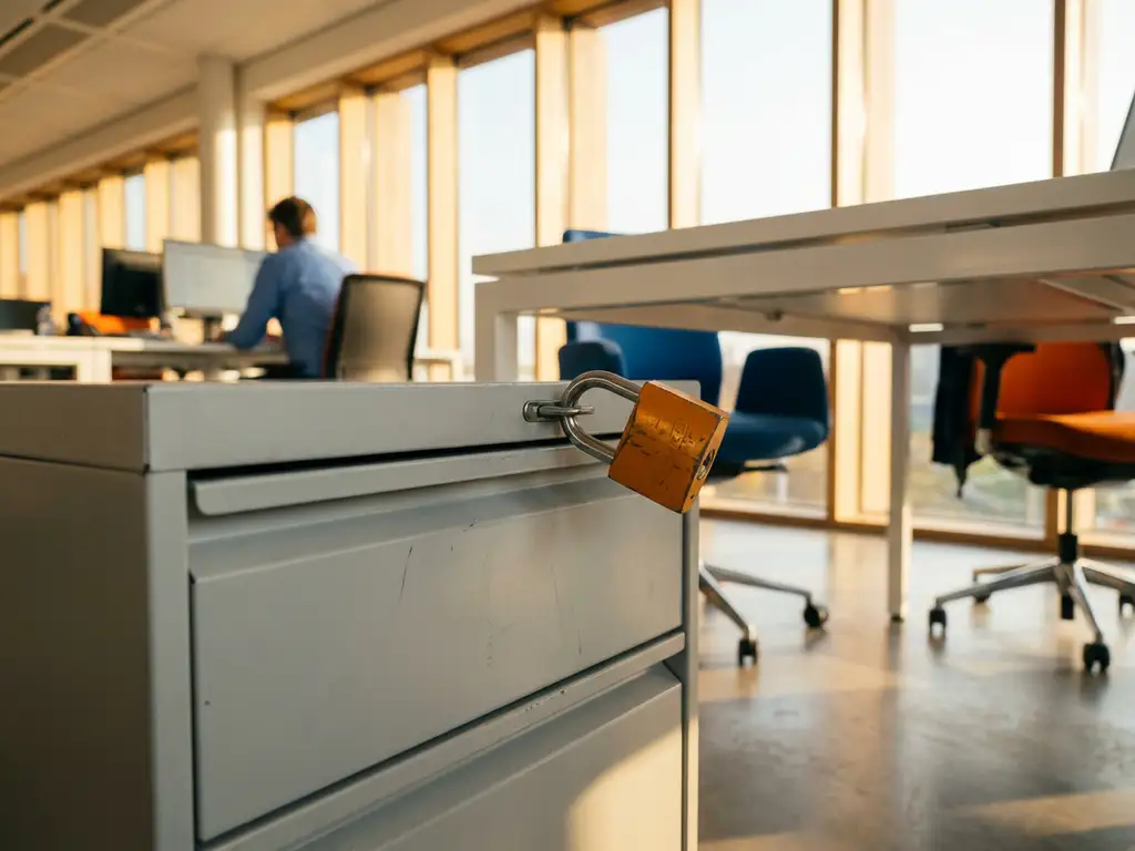 Vergrendelde archiefkast met oranje hangslot voor vertrouwelijke HR-documenten in moderne Nederlandse kantoorruimte