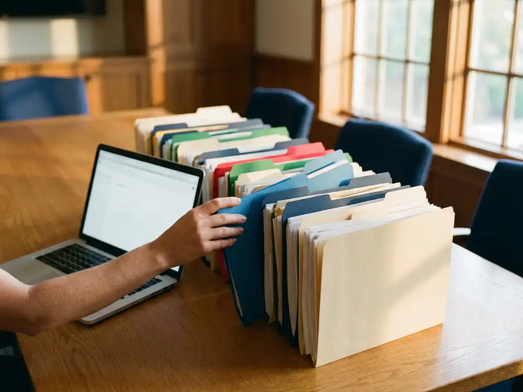 Kleurrijke HR-mappen netjes gerangschikt op houten vergadertafel met laptop en natuurlijk licht door ramen