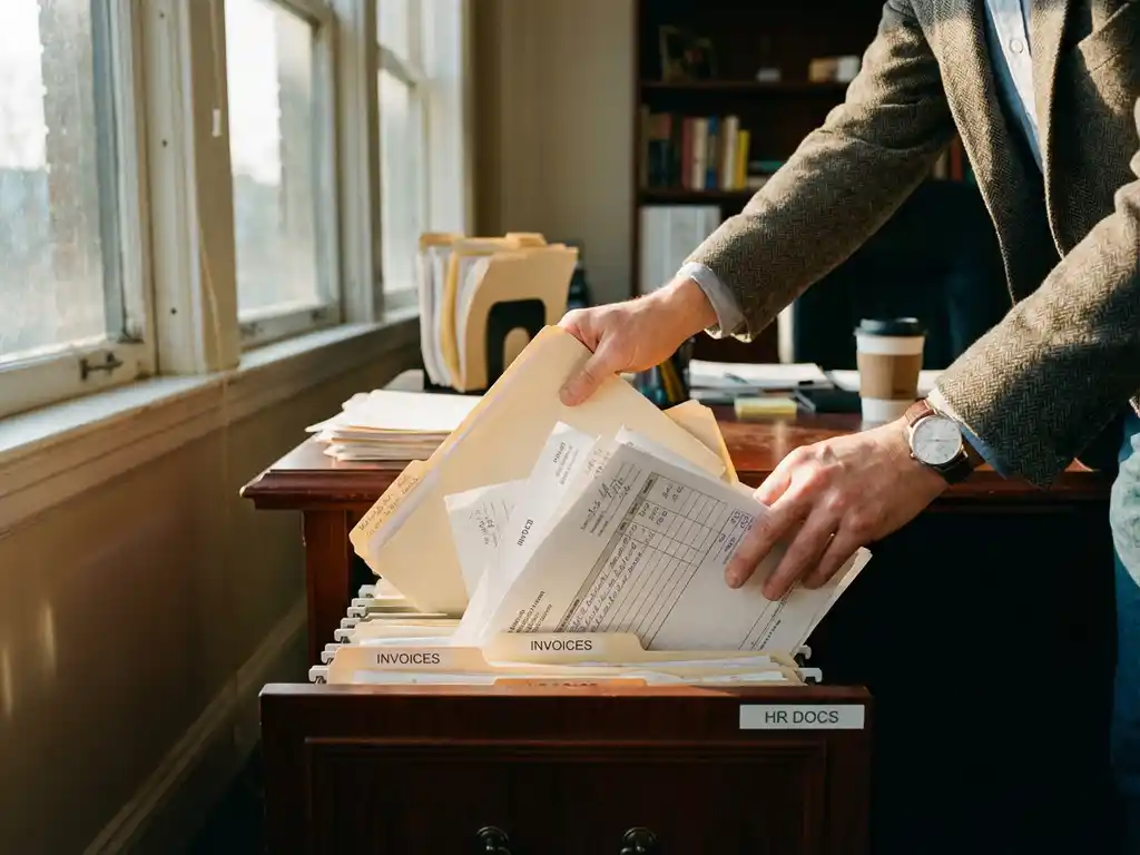 Professionele handen organiseren HR-documenten en facturen op een rommelig mahoniehout bureau in warm kantoorlicht