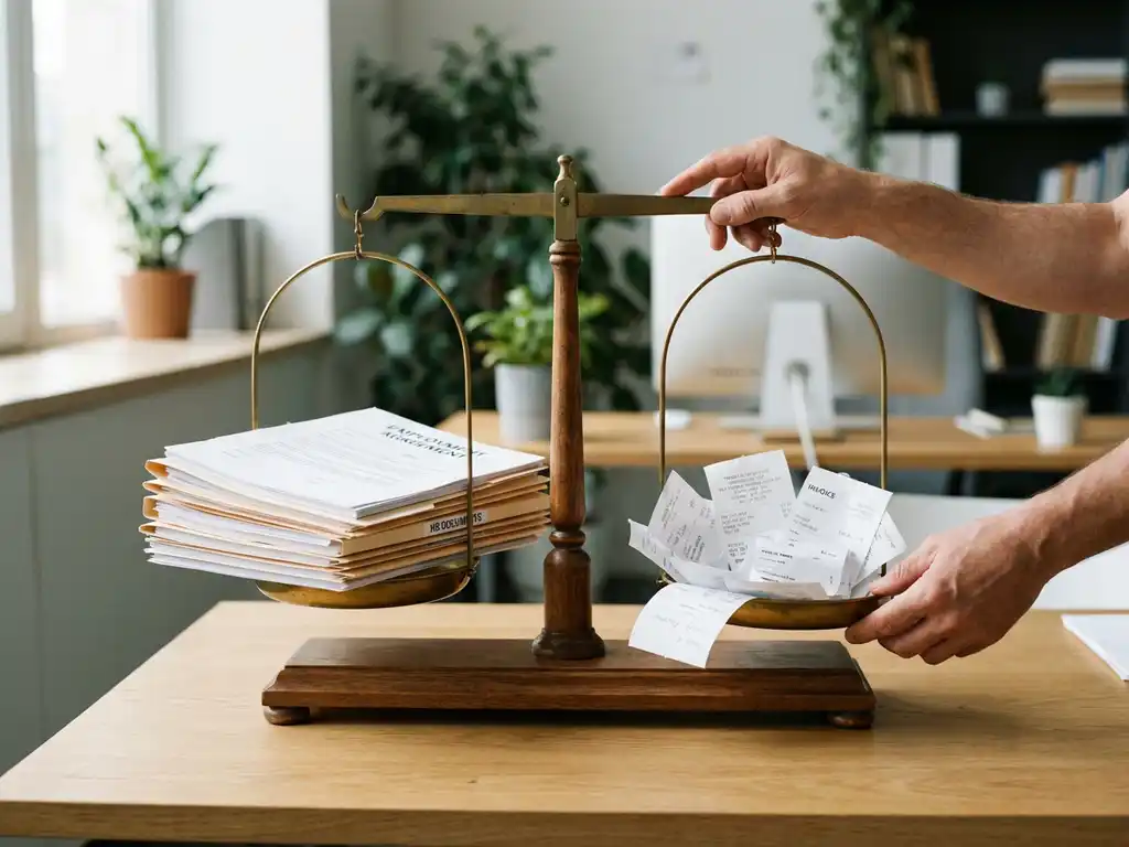 Houten weegschaal met HR-documenten en contracten tegenover verspreide rekeningen en bonnetjes op modern kantoorbureau