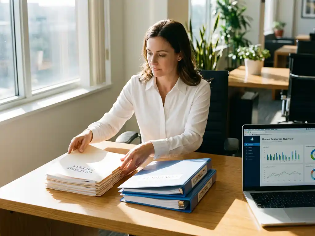 Professionele vrouw in witte blouse organiseert welkomstpakketten en contractmappen aan modern houten bureau met laptop