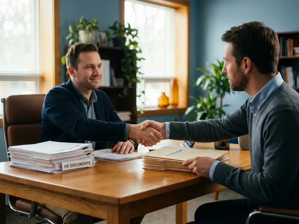 Kleine ondernemer en HR-consultant bespreken personeelsdocumenten aan houten bureau in kantoor met natuurlijk licht