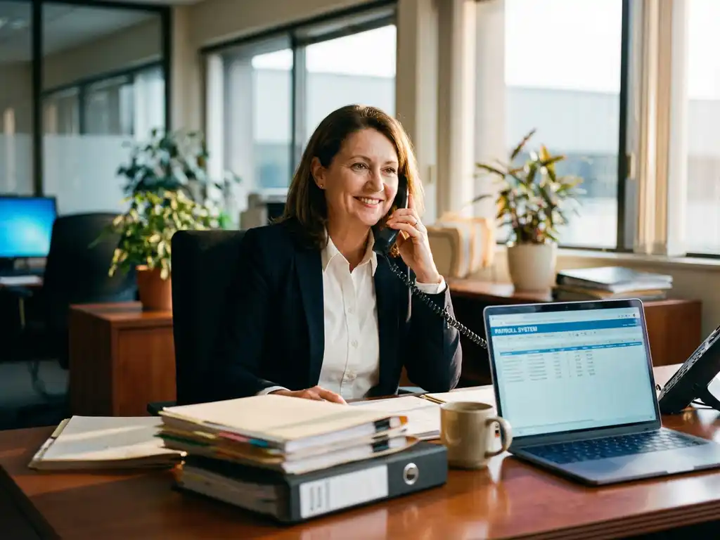 Professionele vrouw in wit overhemd beantwoordt telefoon aan bureau met HR-documenten en salarisadministratie software