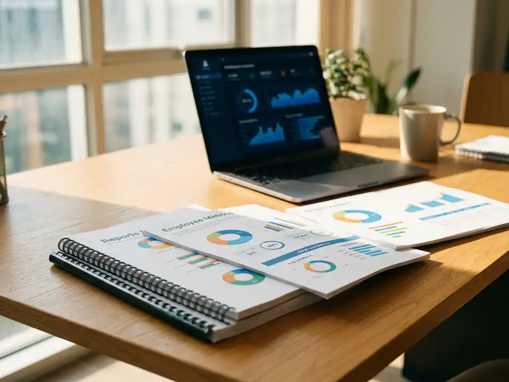 HR-rapporten en grafieken op eiken bureau met laptop die dashboard-analytics toont in moderne kantooromgeving