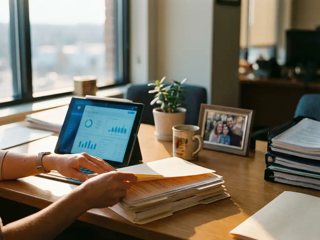 HR-consultant organiseert salarisadministratie documenten naast digitale tablet op bureau met koffiemok en familiefoto's