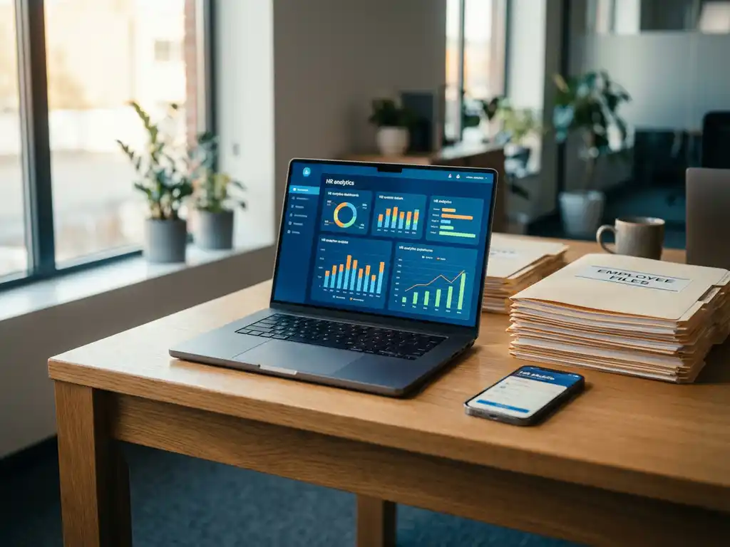 Laptop met kleurrijke HR-software dashboards op eiken bureau, omringd door personeelsdossiers en smartphone met HR-app