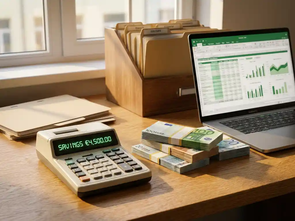 Calculator toont kostenbesparingen naast stapels eurobiljetten, laptop met spreadsheet en HR-documenten op houten bureau