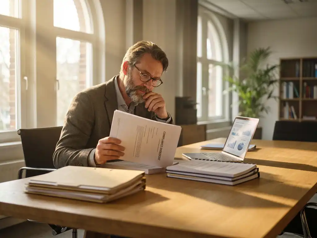 Nederlandse ondernemer bestudeert compliance documenten aan eiken bureau met HR-papierwerk en laptop in warm kantoorlicht