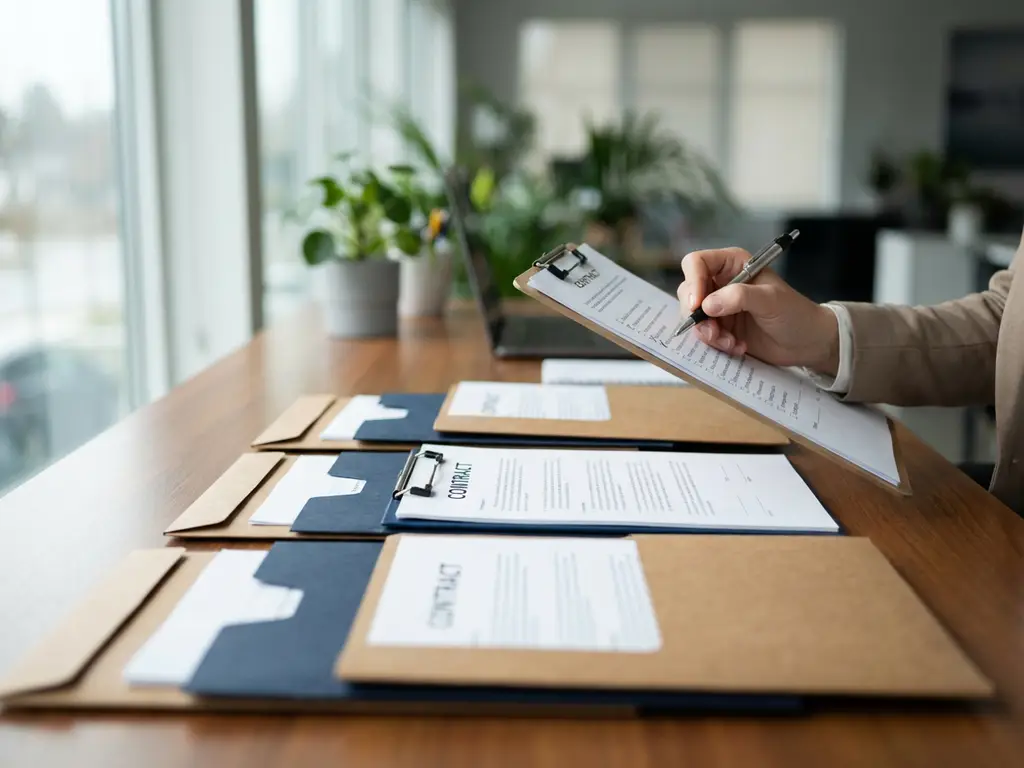 Professionele hand controleert checklist bij georganiseerde personeelsdossiers op houten bureau in modern kantoor