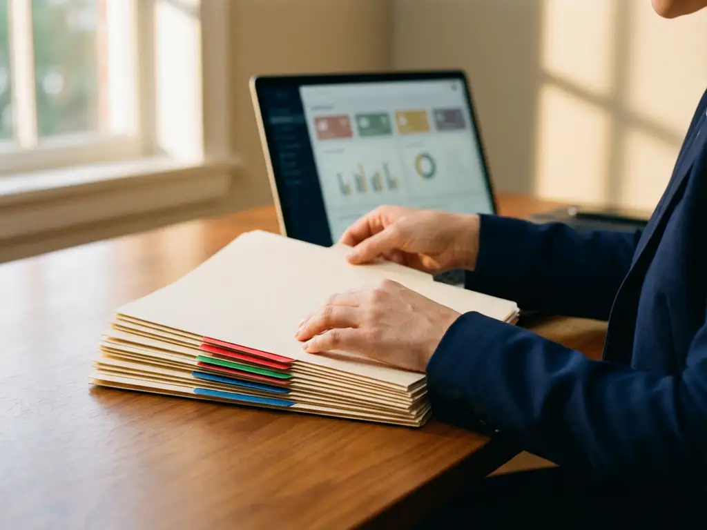 Personeelsdossiers met kleurrijke tabbladen op houten bureau terwijl vrouw documenten organiseert met HR-dashboard op laptop