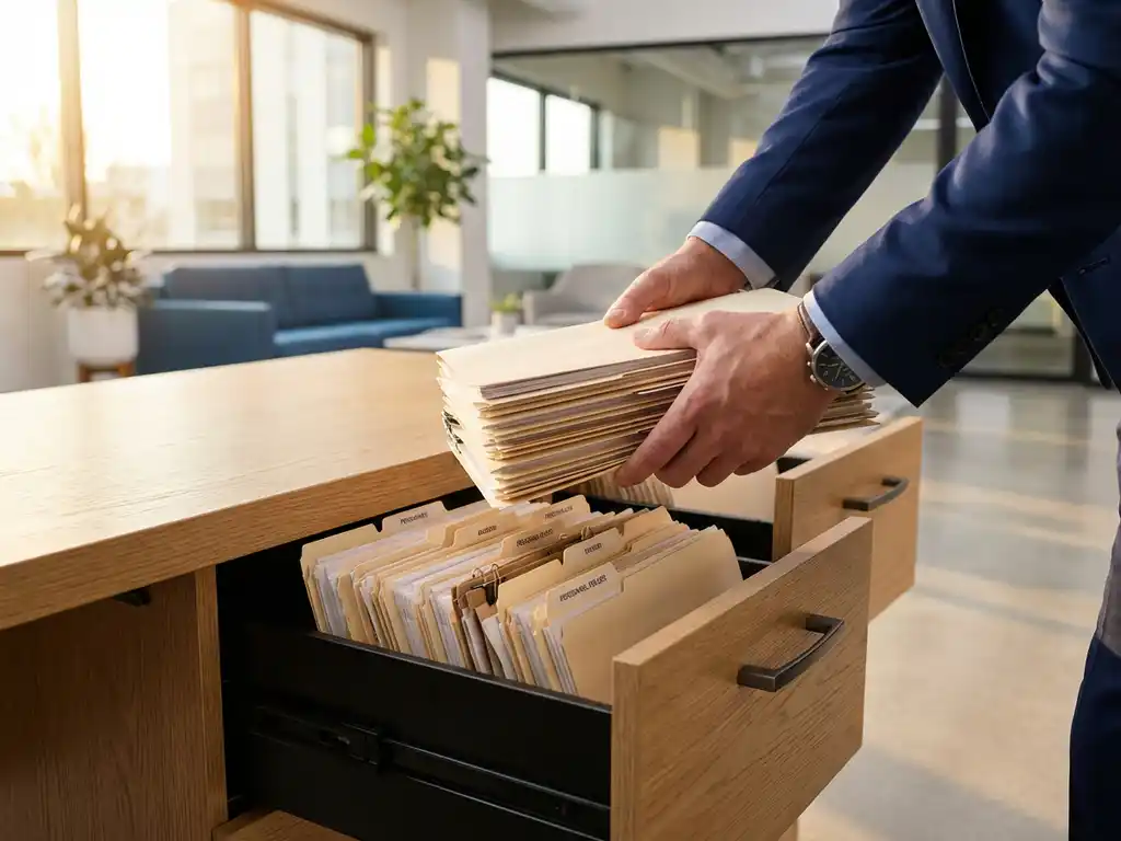 Zakenman verplaatst stapel personeelsdossiers tussen bureaulades in modern kantoor met warme verlichting