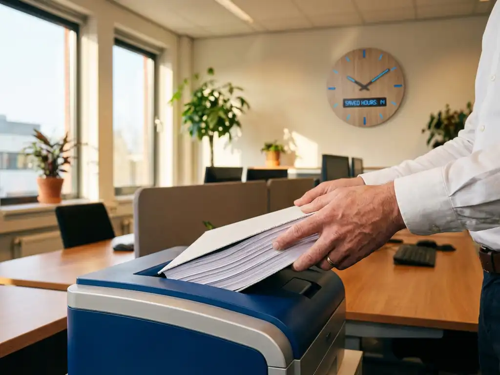 Zakenman plaatst stapel salarisadministratie documenten in geautomatiseerde archiefmachine in modern Nederlands kantoor