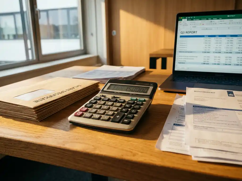 Professionele rekenmachine op houten bureau naast salarisadministratie documenten en Nederlandse belastingformulieren met laptop op achtergrond