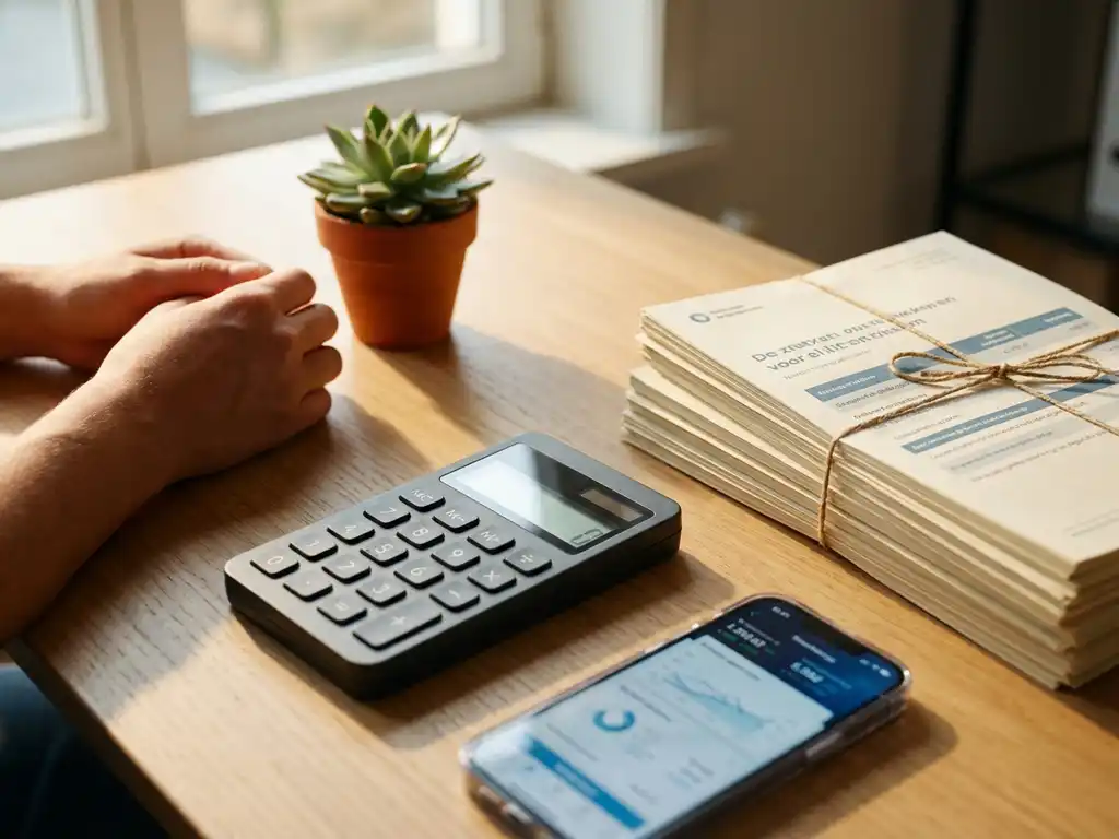 Moderne rekenmachine en smartphone met financiële gegevens op houten bureau naast Nederlandse loonstroken en vetplant